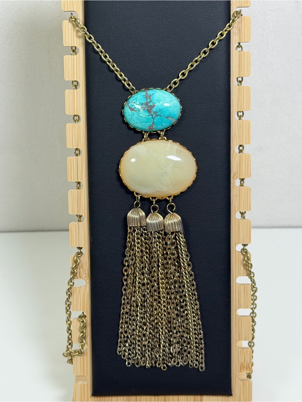 Loren Hope Turquoise Blue Cabochon Tassel Statement Necklace Boho 29”